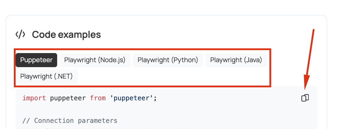 Code examples block with library tabs and the copy icon