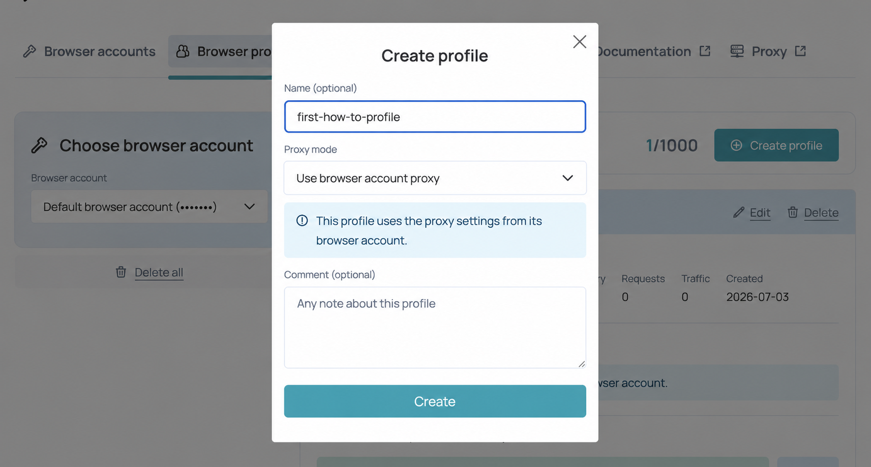 Create profile form with the Use browser account proxy mode selected