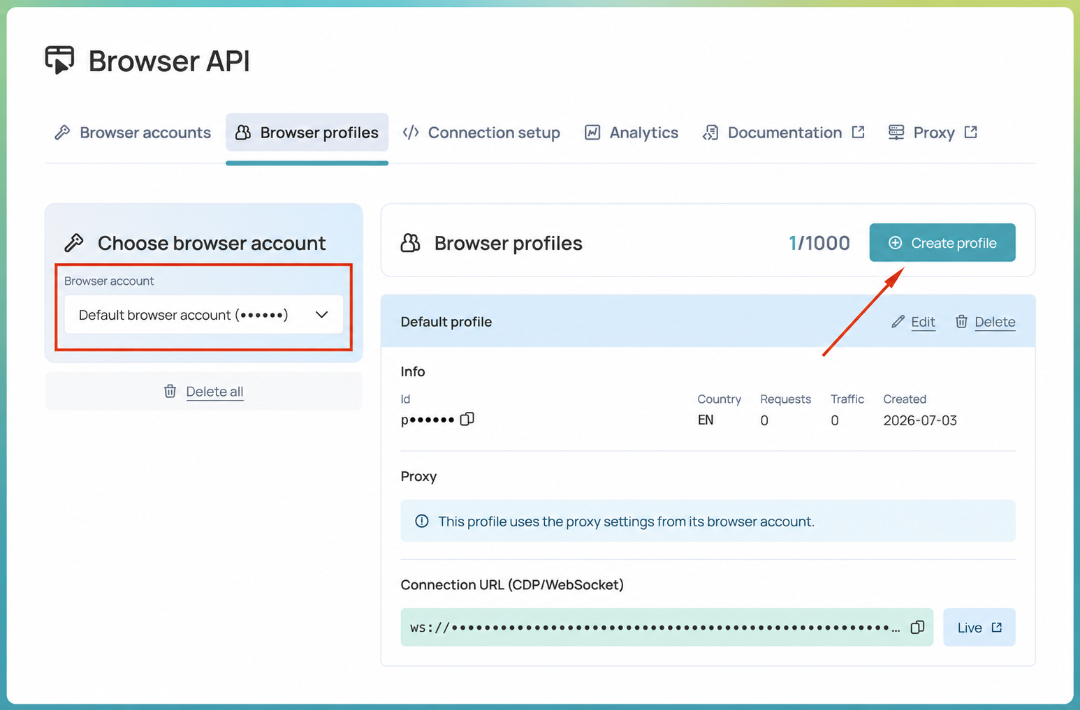 Browser profiles tab with the demo account selected and the Create profile button